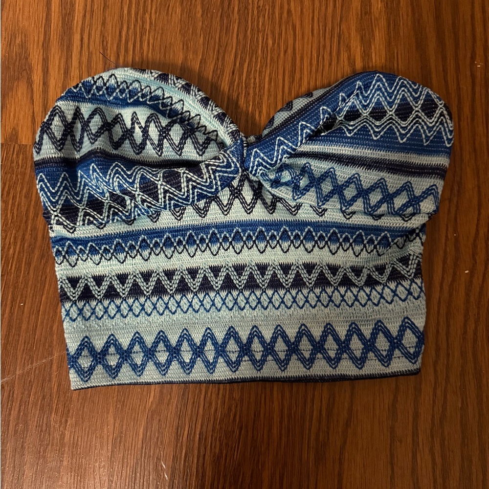 Blue Patterned Strapless Top